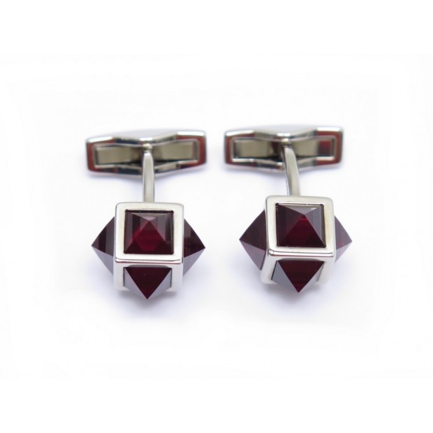 NEUF BOUTONS DE MANCHETTE ST DUPONT ACIER PALLADIE PIERRES ROUGES CUFFLINKS