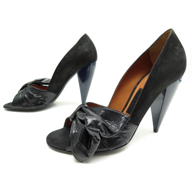 NEUF CHAUSSURES LANVIN ESCARPINS BOUTS OUVERTS 38 VELOURS CUIR NOIR SHOES 890€