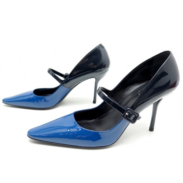 NEUF CHAUSSURES ROGER VIVIER ESCARPINS 40 EN CUIR VERNI NOIR ET BLEU SHOES 550€