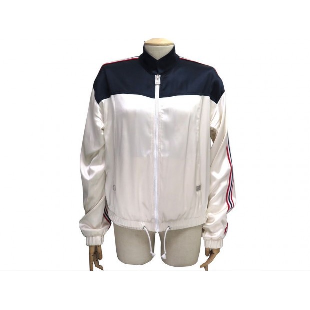 VESTE CHANEL P32551 BLOUSON 38 M EN SOIE BEIGE ET BLEU MARINE SILK JACKET 4200€