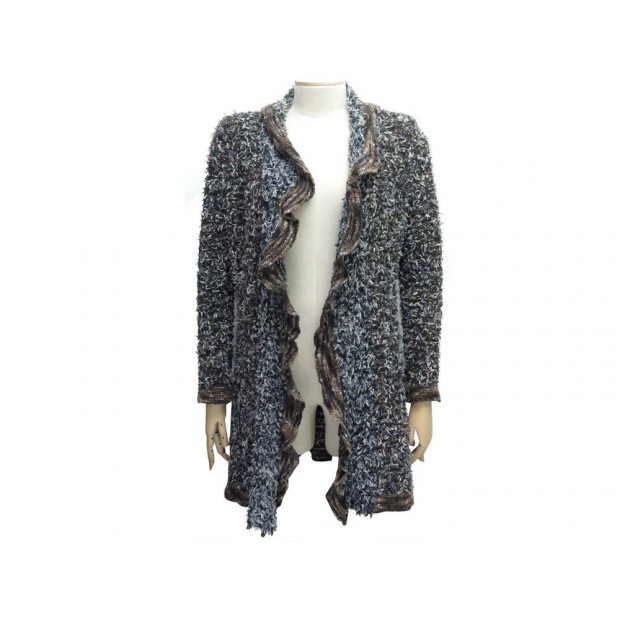 GILET LONG CHANEL P09386 T40 M EN LAINE TWEED MARRON & BLEU CARDIGAN VEST 3000€