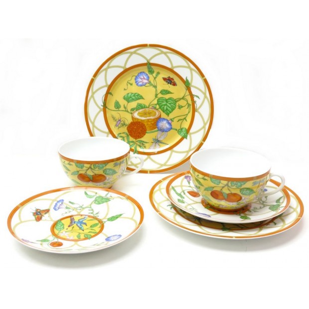 NEUF SERVICE A CAFE 2 TASSES 2 SOUCOUPES + 2 ASSIETTES HERMES SIESTA PORCELAINE 