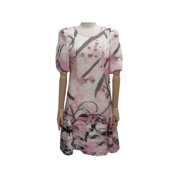 NEUF ROBE CHANEL P43714 T 38 M EN SOIE ROSE BLANC LOGO NEW PINK SILK DRESS 4200€