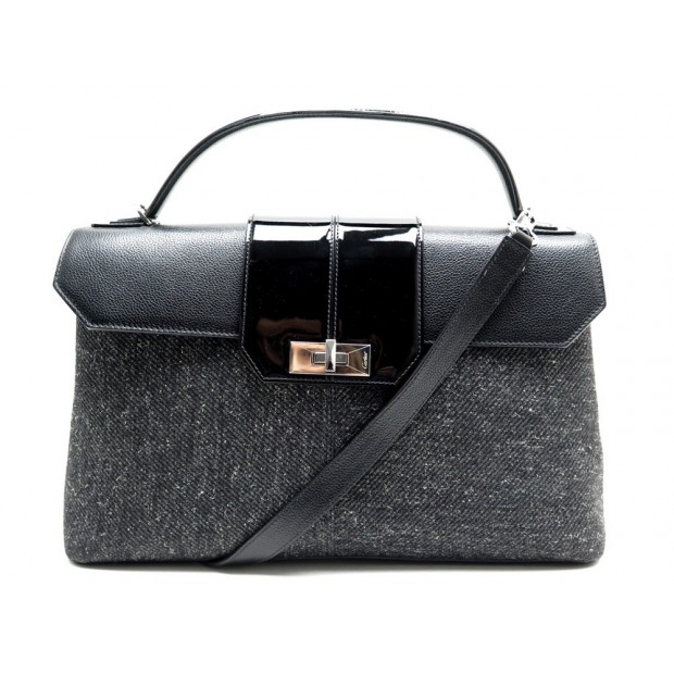 SAC A MAIN CARTIER PAVILLON 35CM EN CUIR ET TWEED NOIR LEATHER WOOL HAND BAG