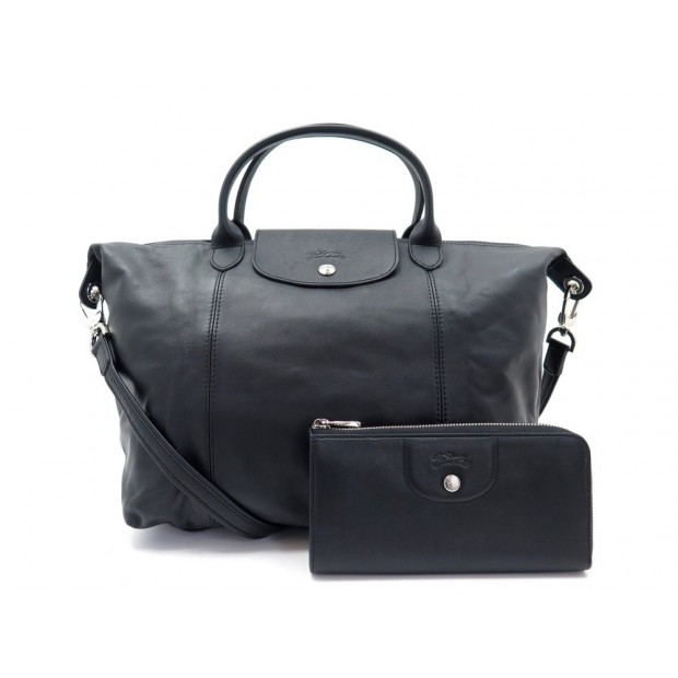 NEUF SAC A MAIN LONGCHAMP PLIAGE CUIR BANDOULIERE NOIR + PORTEFEUILLE 