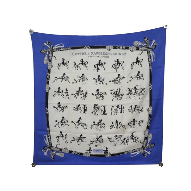 TEINTURIER FOULARD HERMES LETTRE DE NAPOLEON A MURAT SOIE BLEU 