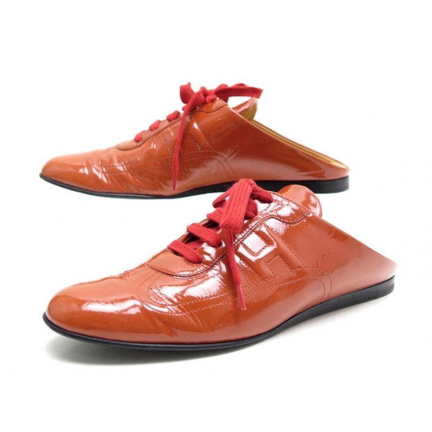 CHAUSSURES HERMES SANDALES MULES H 37 CUIR VERNI ORANGE SLIPPERS LEATHER 740€