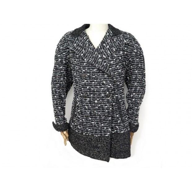 VESTE CHANEL P41804 48 L LONGUE EN TWEED SOIE ET LAINE NOIR MANTEAU JACKET 4200€