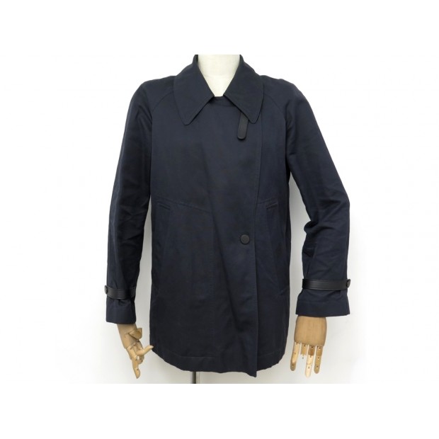 VESTE HERMES 38 M IMPERMEABLE TRENCH COAT EN COTON LIN & CUIR BLEU JACKET 2800€