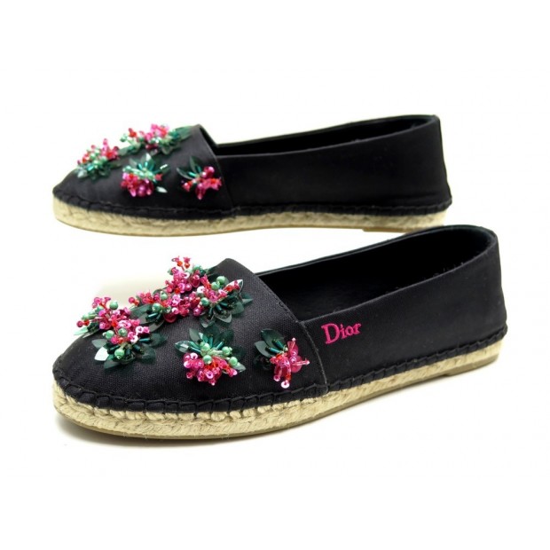 NEUF CHAUSSURES CHRISTIAN DIOR SANDALES ESPADRILLES SUNSET 37 EN TISSU NOIR 590€