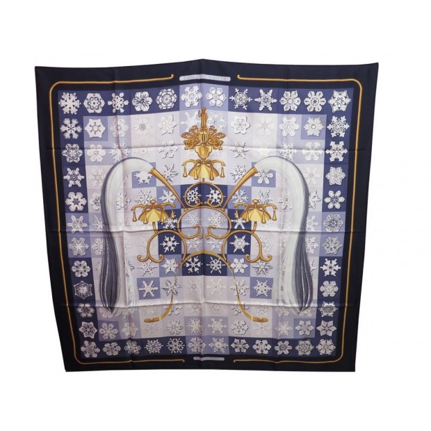 FOULARD HERMES CARILLONS D'HIVER VAUZELLES CARRE EN SOIE BLEU SILK SCARF 370€