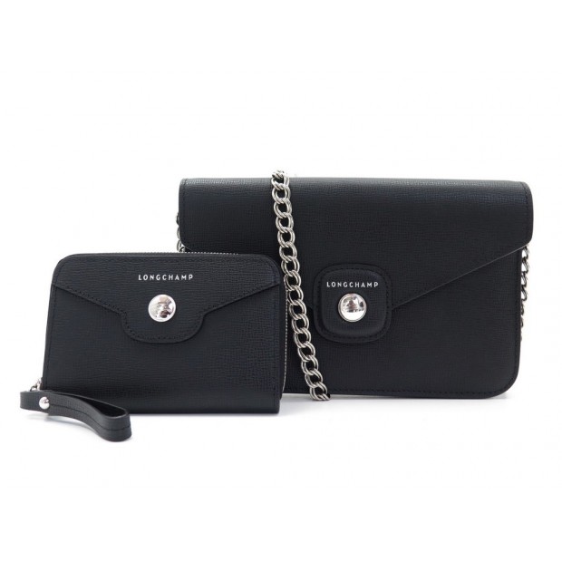 NEUF SAC A MAIN LONGCHAMP BANDOULIERE CUIR GRAINE NOIR + PORTE MONNAIE 