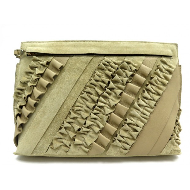 NEUF SAC POCHETTE A MAIN LOEWE T. POUCH RUFFLES 125.86.K05 DAIM KAKI CLUTCH 495€