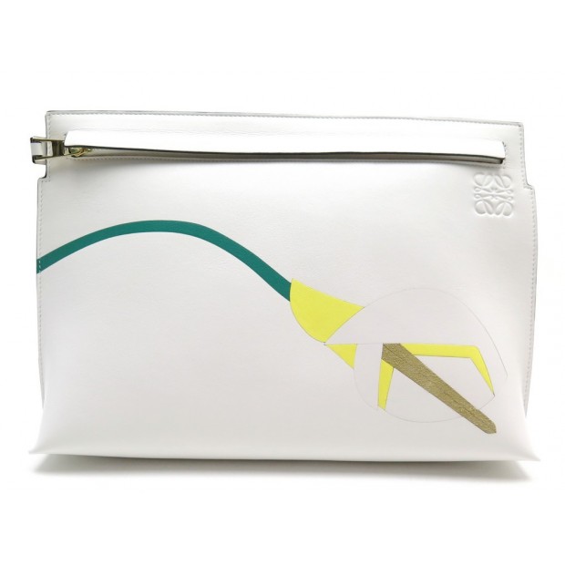 NEUF SAC POCHETTE A MAIN LOEWE POUCH INTARSIO 125.49.K05 CUIR BLANC CLUTCH 495€