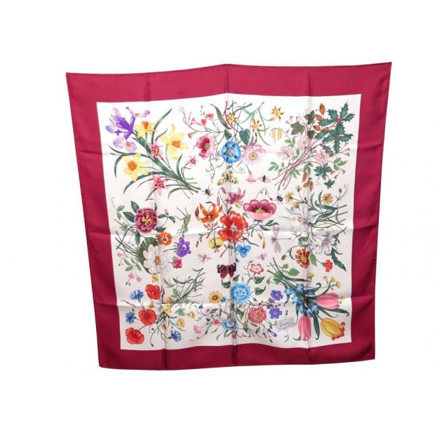 VINTAGE FOULARD GUCCI FLORA ACCORNERO 1966 FLEURS CARRE EN SOIE ROUGE SCARF 335€