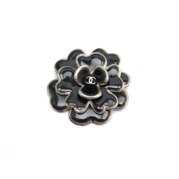 BROCHE CHANEL CAMELIA EN METAL ARGENTE ET LAQUE NOIR + BOITE SILVER BROOCH 590€