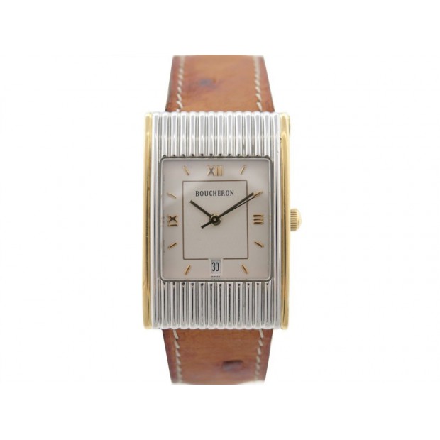 MONTRE BOUCHERON REFLET 37 MM QUARTZ OR ET ACIER CUIR AUTRUCHE STEEL WATCH 3180€