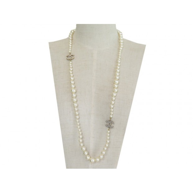 NEUF COLLIER CHANEL SAUTOIR LOGO CC ET PERLES NACREES 89CM PEARLS NECKLACE 1590€