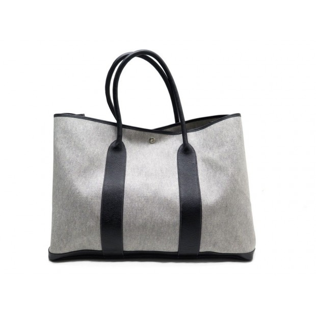 NEUF SAC A MAIN HERMES GARDEN PARTY 50 CM LARGE TOILE GRISE CUIR NOIR BAG 2400€