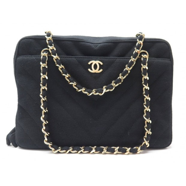 NEUF SAC A MAIN CHANEL CAMERA CHEVRON JERSEY NOIR NEW BLACK CANVAS HANDBAG 2600€