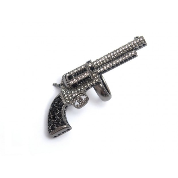 NEUF BAGUE CHANEL PISTOLET REVOLVER 50 PARIS DALLAS 2014 ARGENTE STRASS GUN RING
