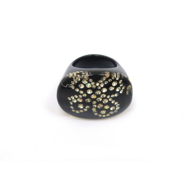 BAGUE CHANEL TREFLE TAILLE 53 EN RESINE NOIR & STRASS BLACK RING 420€