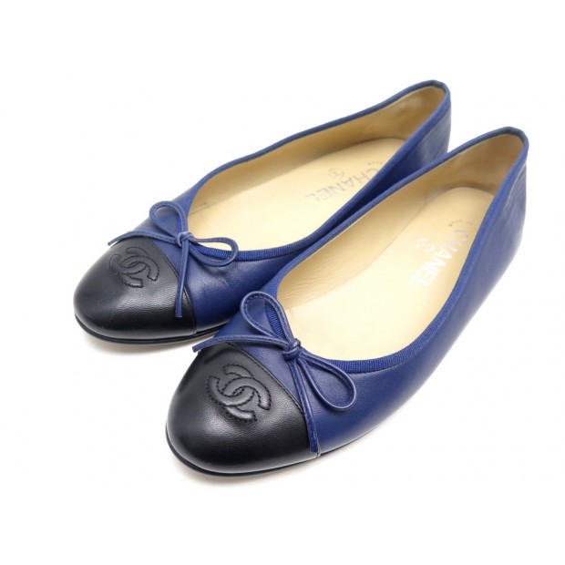 CHAUSSURES CHANEL G02819 BALLERINES 38.5 EN CUIR BLEU ET NOIR LEATHER SHOES 570€