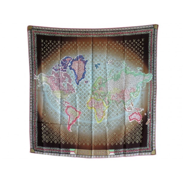 NEUF FOULARD LOUIS VUITTON MONOGRAM WORLD MAP 