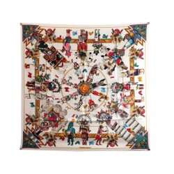 FOULARD HERMES KACHINAS KERMIT PAR OLIVER CARRE 90 SOIE BEIGE SILK SCARF 370€