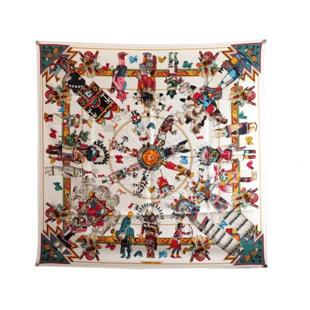 FOULARD HERMES KACHINAS KERMIT PAR OLIVIER CARRE 90 SOIE BEIGE SILK SCARF 370€