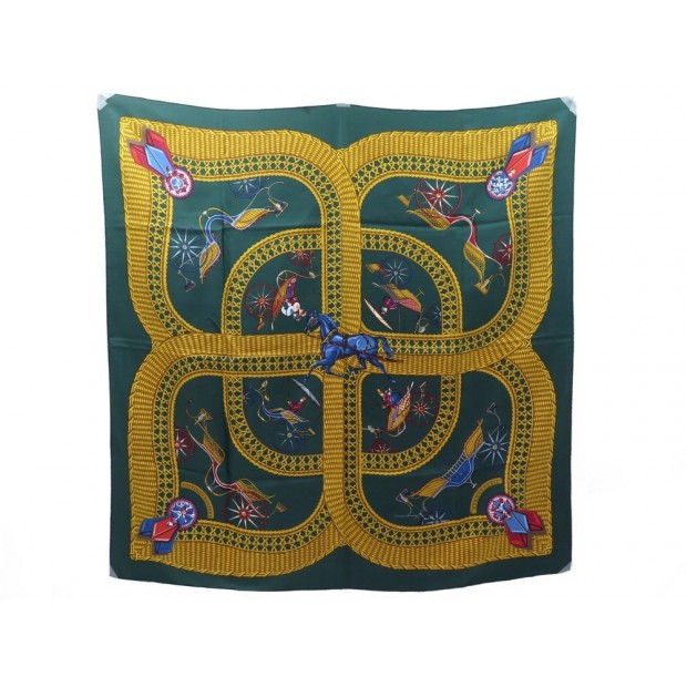 FOULARD HERMES VOITURES PANIERS ABADIE CARRE 90 CM SOIE VERT SILK SCARF 370€