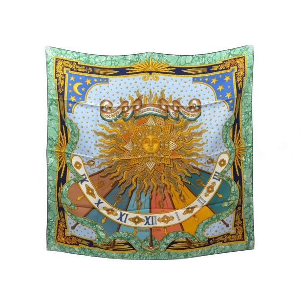 FOULARD HERMES CARPE DIEM METZ CARRE 90 CM EN SOIE VERT SILK SCARF 370€