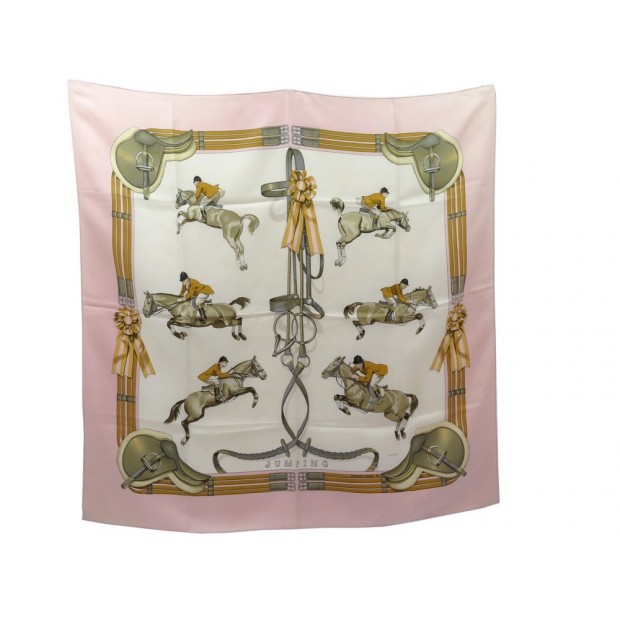 FOULARD HERMES JUMPING LEDOUX CARRE 90 CM EN SOIE ROSE PINK SILK SCARF 370€