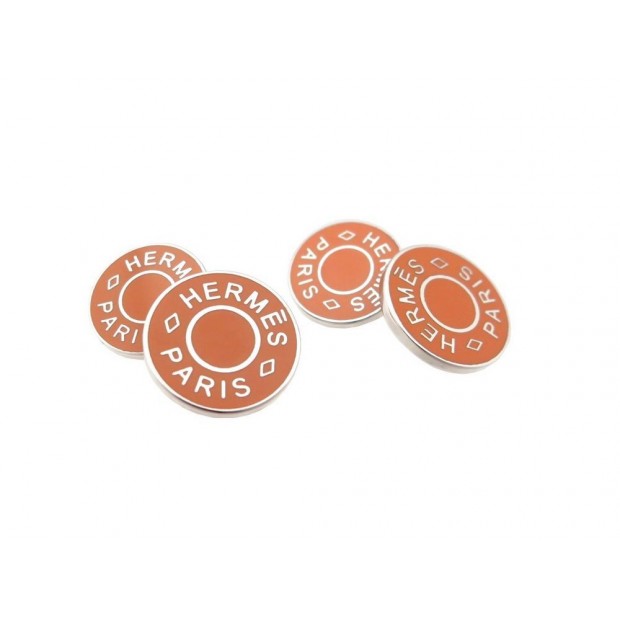 NEUF BOUTONS DE MANCHETTE HERMES CLOUS DE SELLE CHAINE D'ANCRE LAQUE ORANGE 390€