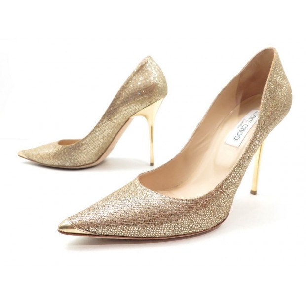 CHAUSSURES JIMMY CHOO ESCARPINS A BOUT POINTU PAILLETTES CUIR DORE 41 SHOES 495€