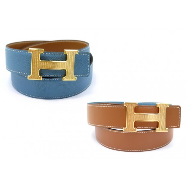 CEINTURE HERMES LIEN REVERSIBLE CUIR BLEU T 75 BOUCLE H DORE GUILLOCHE BELT 635€