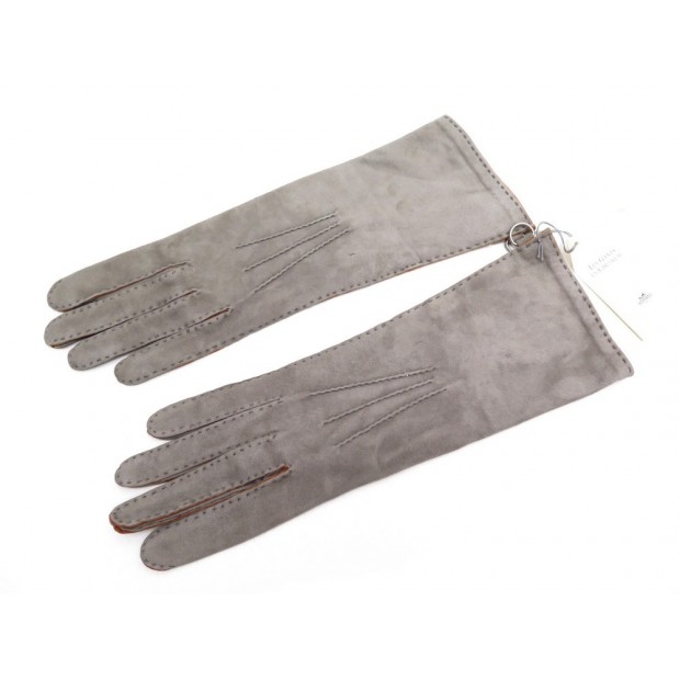 NEUF GANTS HERMES LONGS TAILLE 7.5 CUIR CHEVREAU SURPIQUE GRIS GLOVES NEW 705€