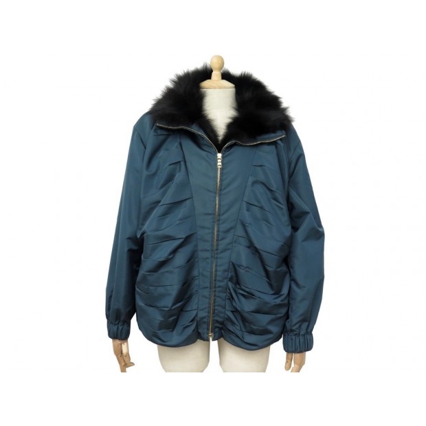 MANTEAU PRADA PARKA T 42 L EN POLYESTER BLEU & COL FOURRURE RENARD COAT 2300€