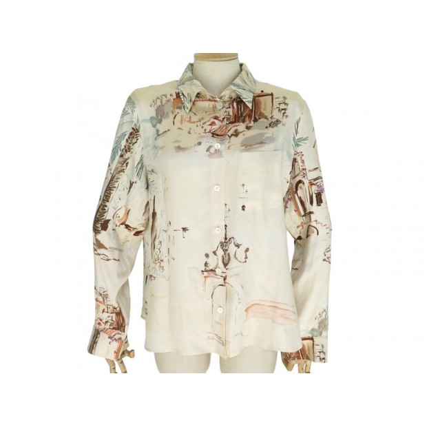 CHEMISIER HERMES IMPRIMEE FOULARD 42 L SOIE BEIGE FEMME WOMEN SILK SHIRT 2800€