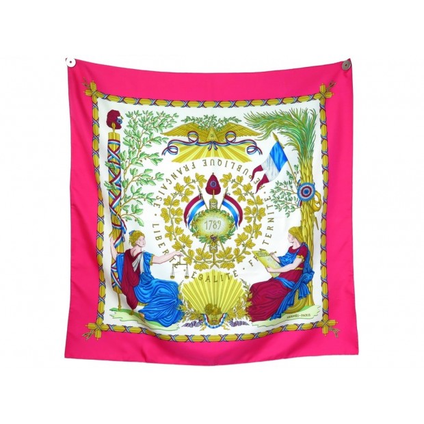 NEUF FOULARD HERMES 1789 LIBERTE EGALITE FRATERNITE SOIE FUSHIA BOITE SCARF 370