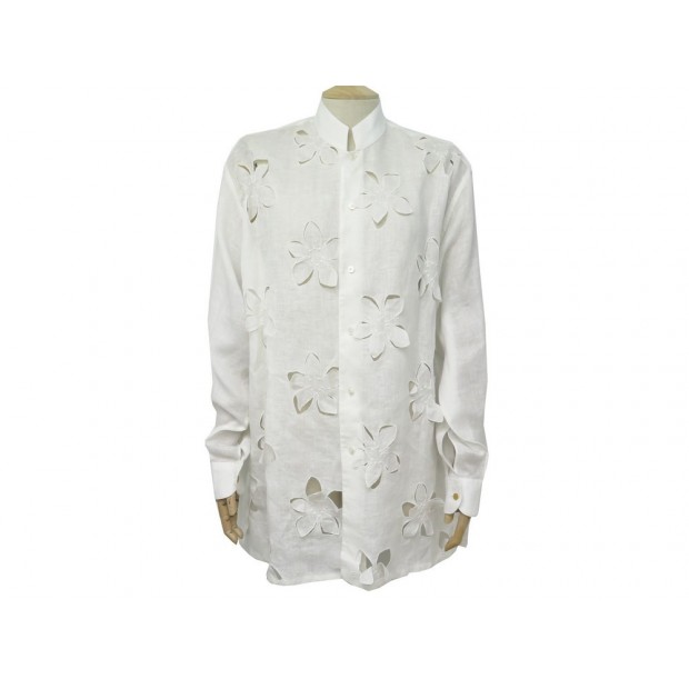 CHEMISE HERMES FLEURS DECOUPES LIN BLANC 