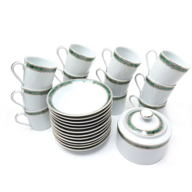 NEUF SERVICE CAFE HAVILAND BOREAL VERT 12 TASSES SOUCOUPES + SUCRIER PORCELAINE