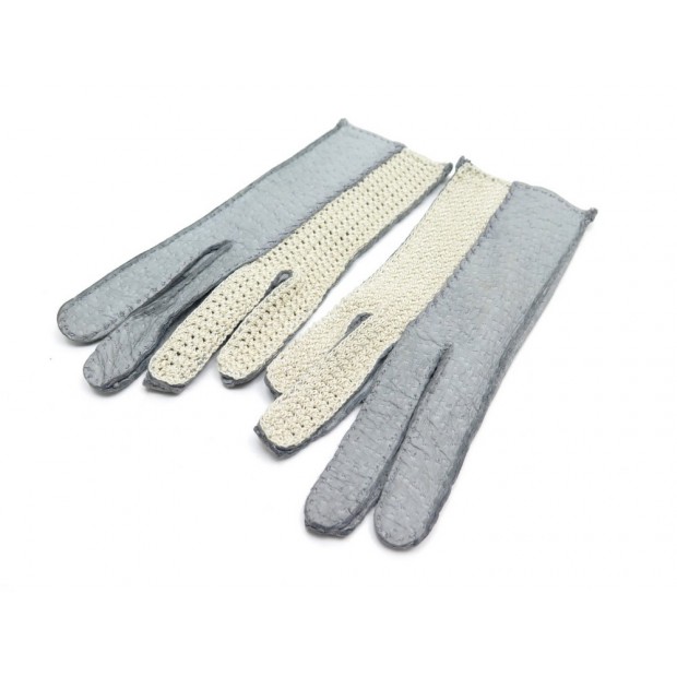 NEUF GANTS HERMES TAILLE 7.5 CUIR PECARI ET CROCHET DE COTON GRIS ET BEIGE 615€