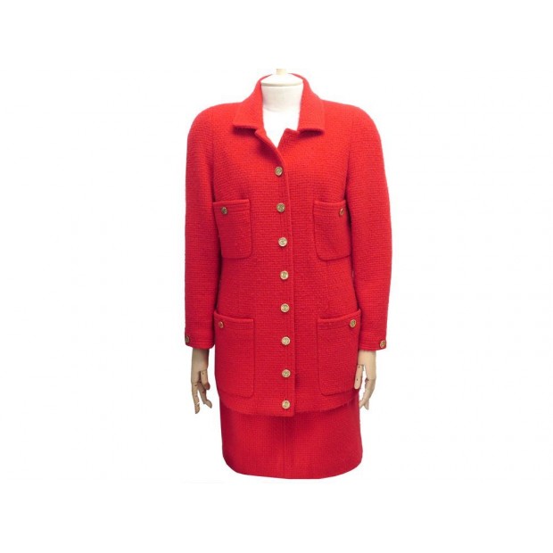 tailleur chanel veste et jupe t40 m en tweed rouge
