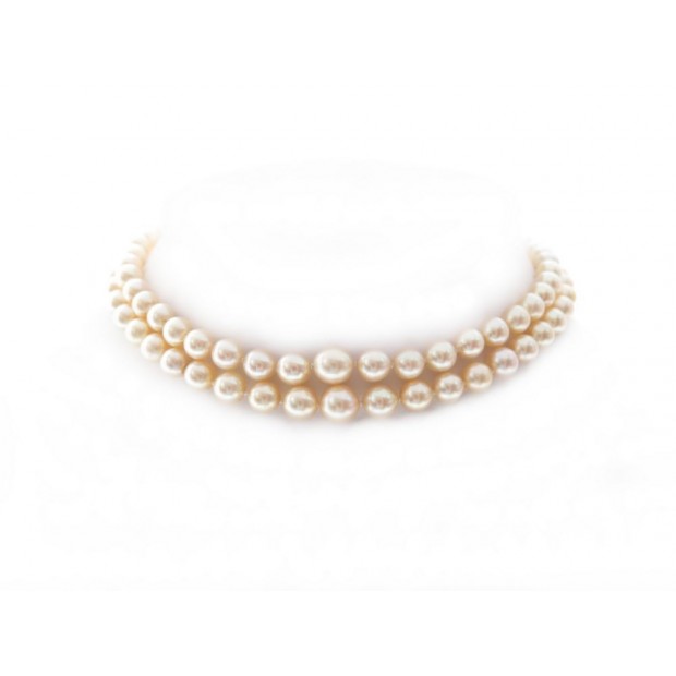 COLLIER DE PERLES RAS DU COU DOUBLE RANG OR 18K & DIAMANTS 39CM PEARLS NECKLACE