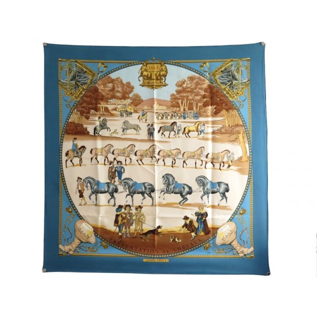 FOULARD HERMES PRESENTATION DE CHEVAUX CARRE 90 LEDOUX SOIE BLEU SILK SCARF 370€