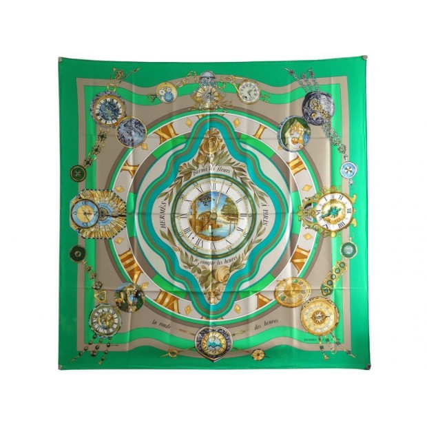 FOULARD HERMES LA RONDE DES HEURES DUBIGEON CARRE 90 SOIR VERT SILK SCARF 370€