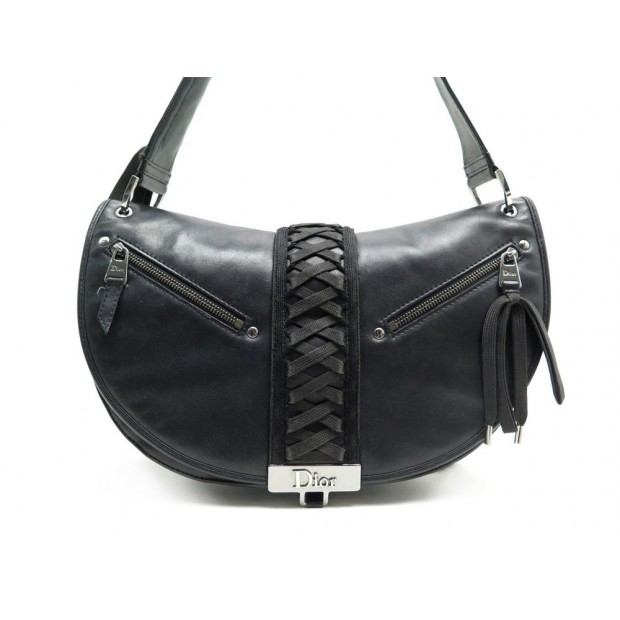 SAC A MAIN CHRISTIAN DIOR CORSET LACETS CUIR NOIR BRAIDED HOBO SADDLE BAG 1100€