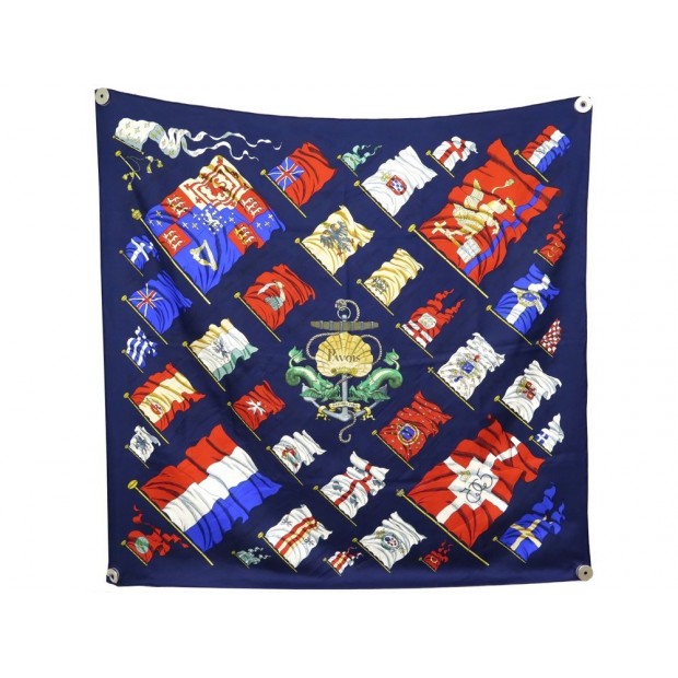 FOULARD HERMES PAVOIS CARRE 90 LEDOUX EN SOIE BLEU MARINE BLUE SILK SCARF 370€