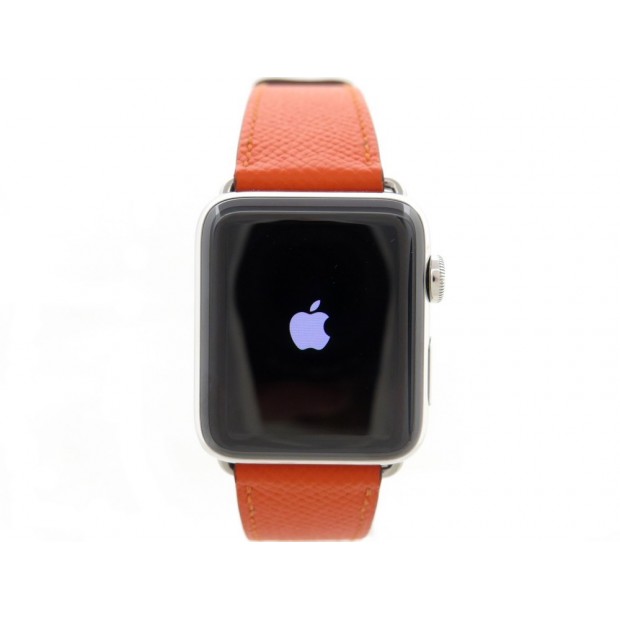 NEUF MONTRE HERMES APPLE WATCH SERIES 2 ACIER 42 MM CUIR GRAINE ORANGE STEEL